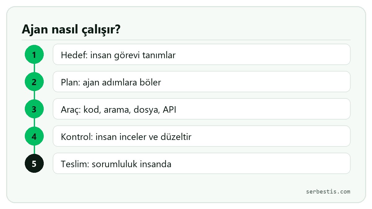 Yapay zekâ ajanının çalışma adımları: hedef, plan, araç, kontrol, teslim